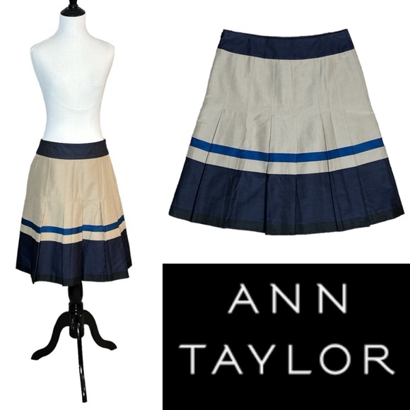 ANN TAYLOR NAVY BLUE KHAKI BOX PLEAT STRIPED A LINE MIDI SKIRT ** NWT** - Picture 1 of 7